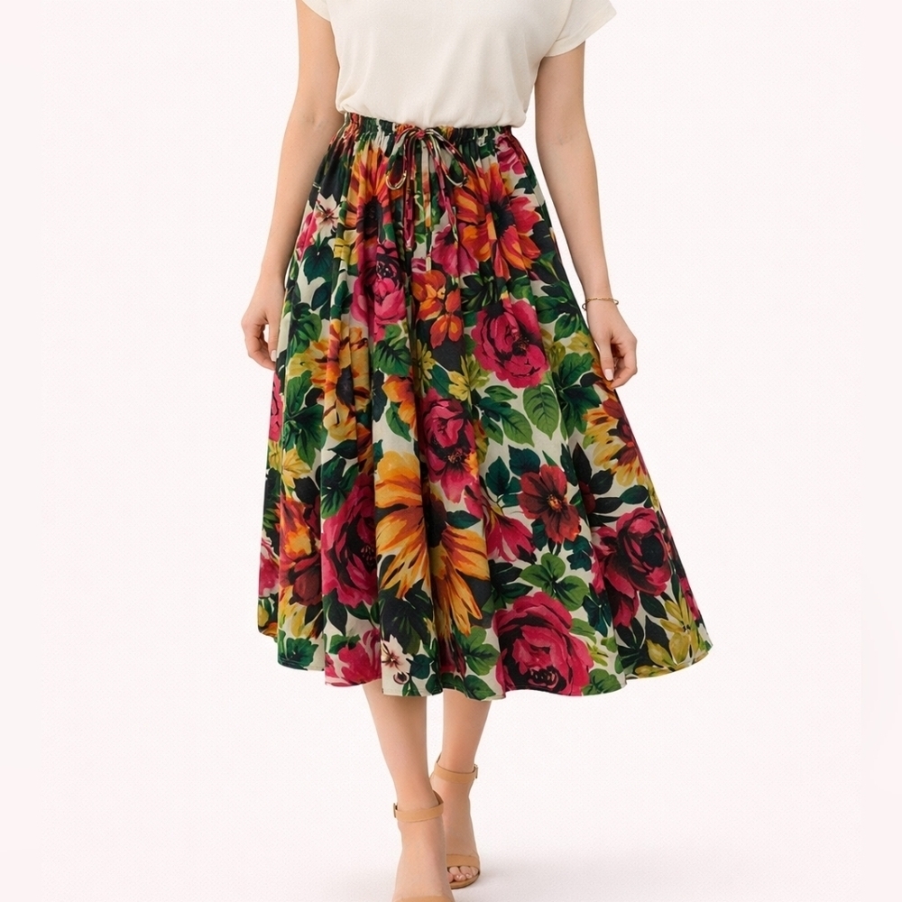 Grace Tropical Floral Cotton Tea Length Drawstring Circle Tiki Festival Skirt